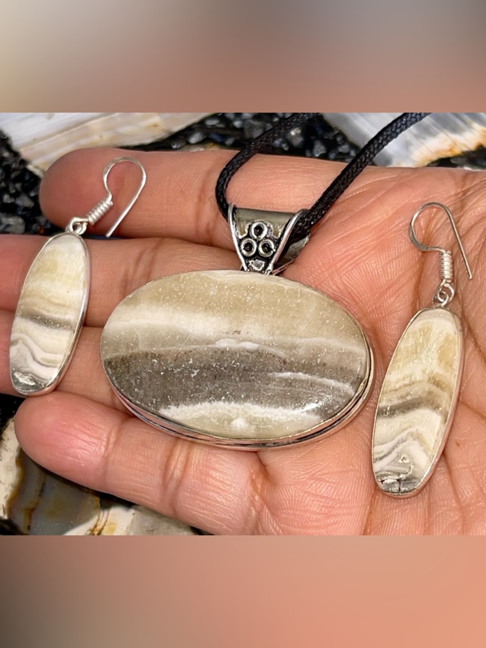 Zebra Calcite Crystal Pendant & Earrings Set